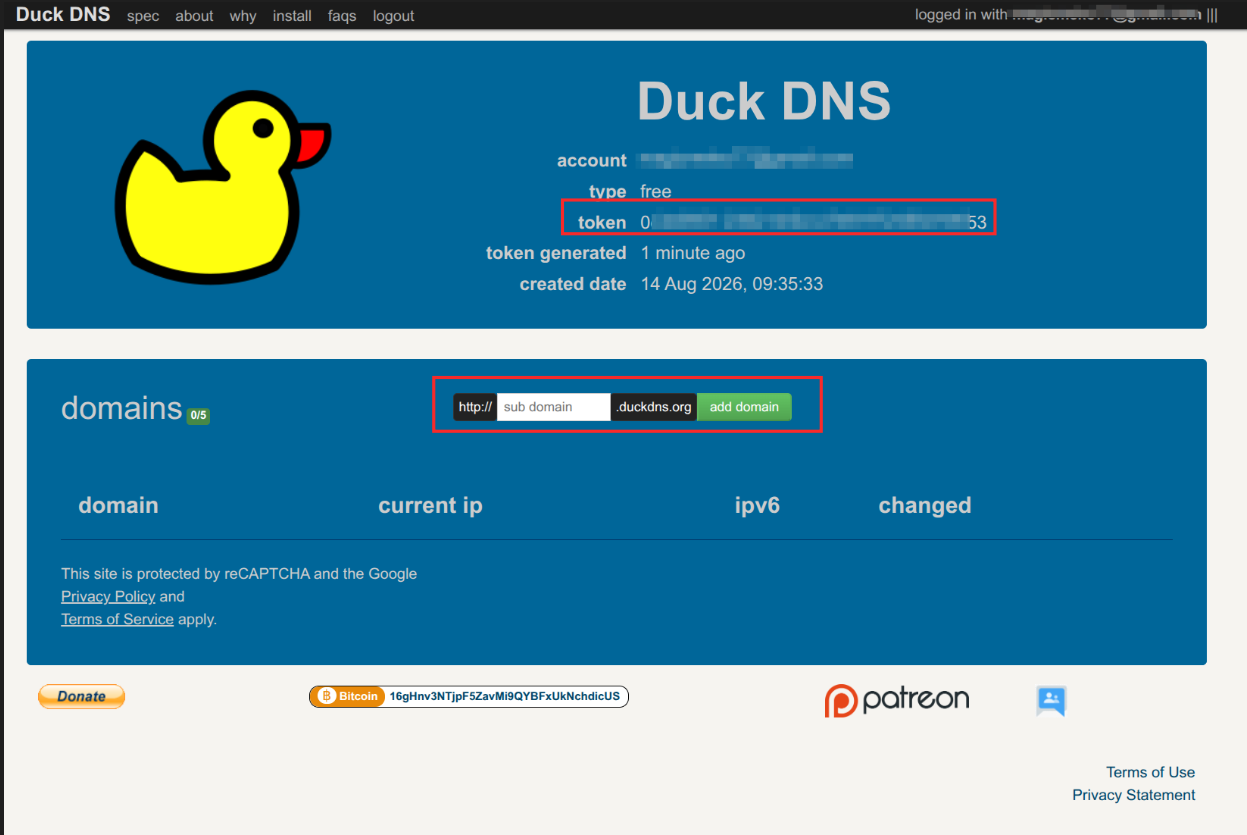 Add a Duck DNS domain