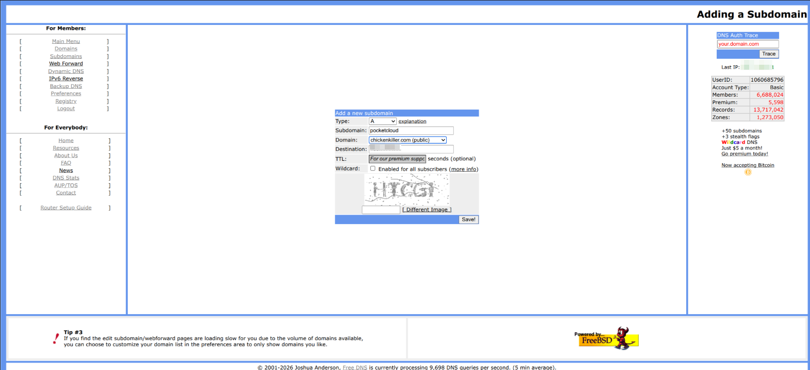 Create a FreeDNS subdomain